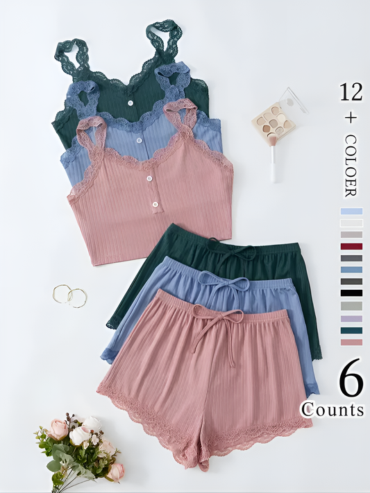 LuxeLace 6-Piece Cami & Shorts Loungewear Set