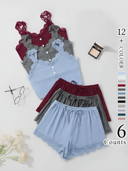 LuxeLace 6-Piece Cami & Shorts Loungewear Set