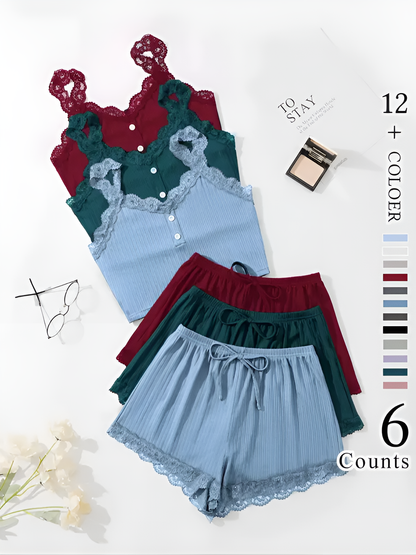 LuxeLace 6-Piece Cami & Shorts Loungewear Set