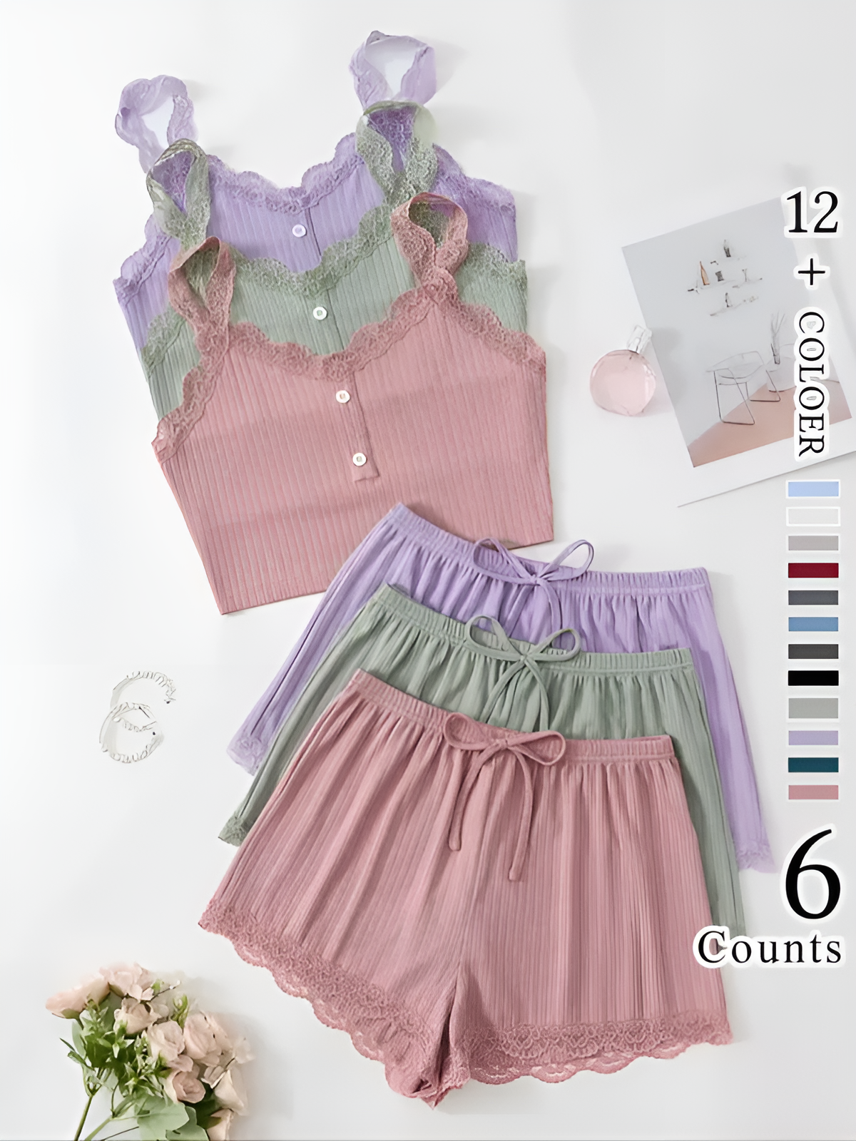 LuxeLace 6-Piece Cami & Shorts Loungewear Set