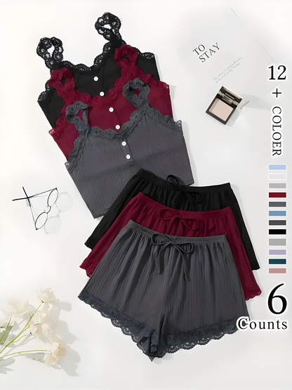LuxeLace 6-Piece Cami & Shorts Loungewear Set