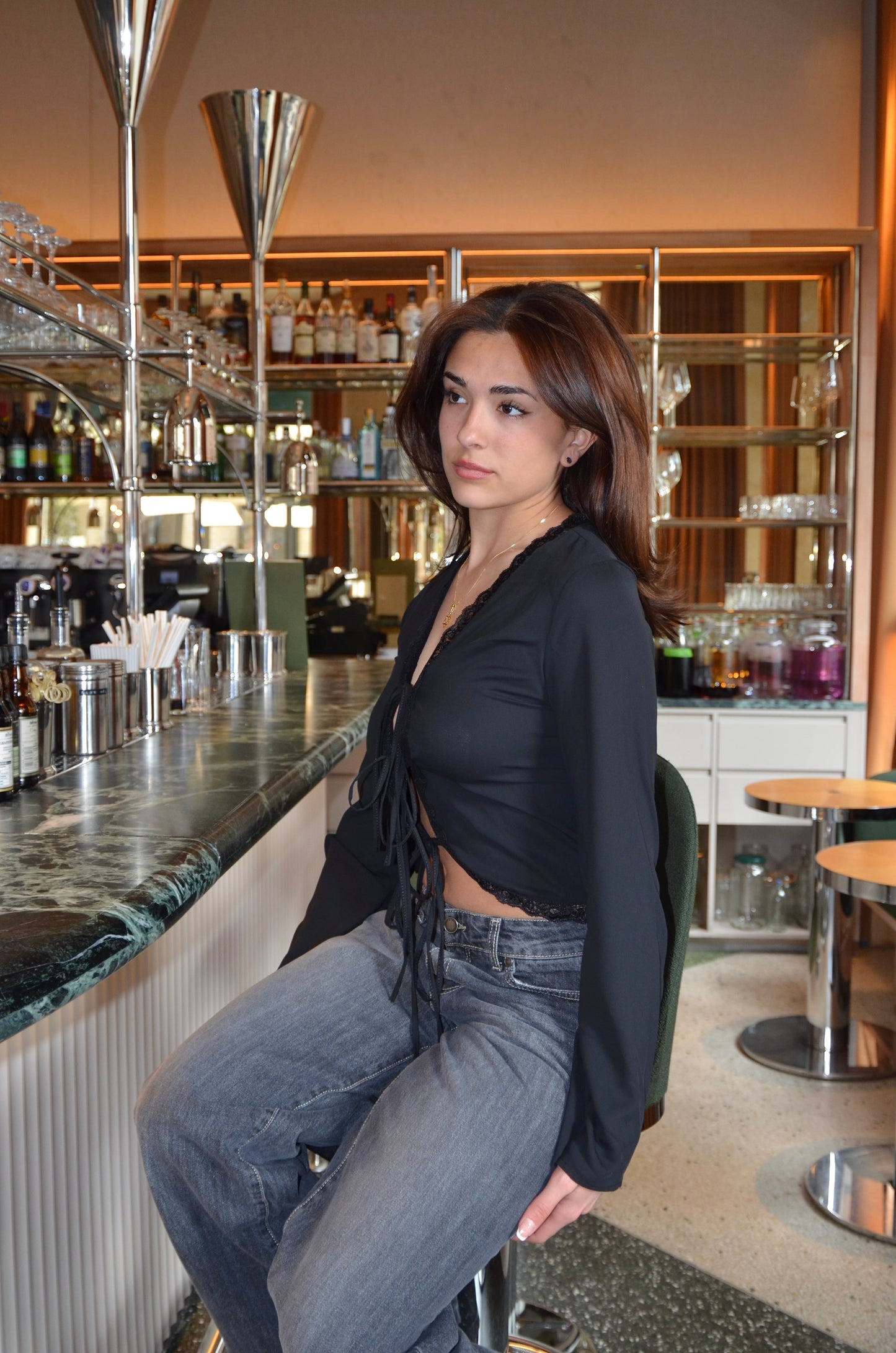 Giorgia satin blouse with tie - Black