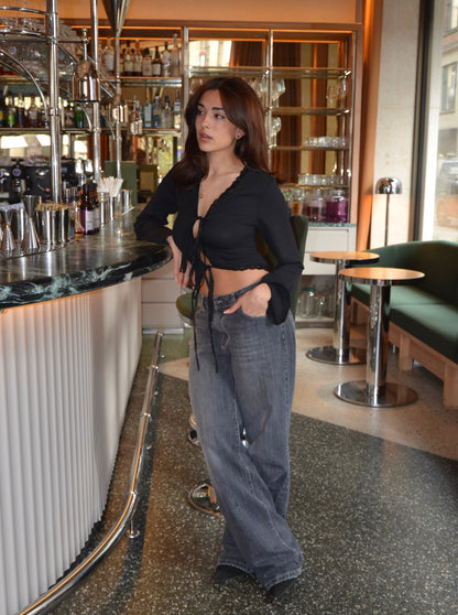 Giorgia satin blouse with tie - Black