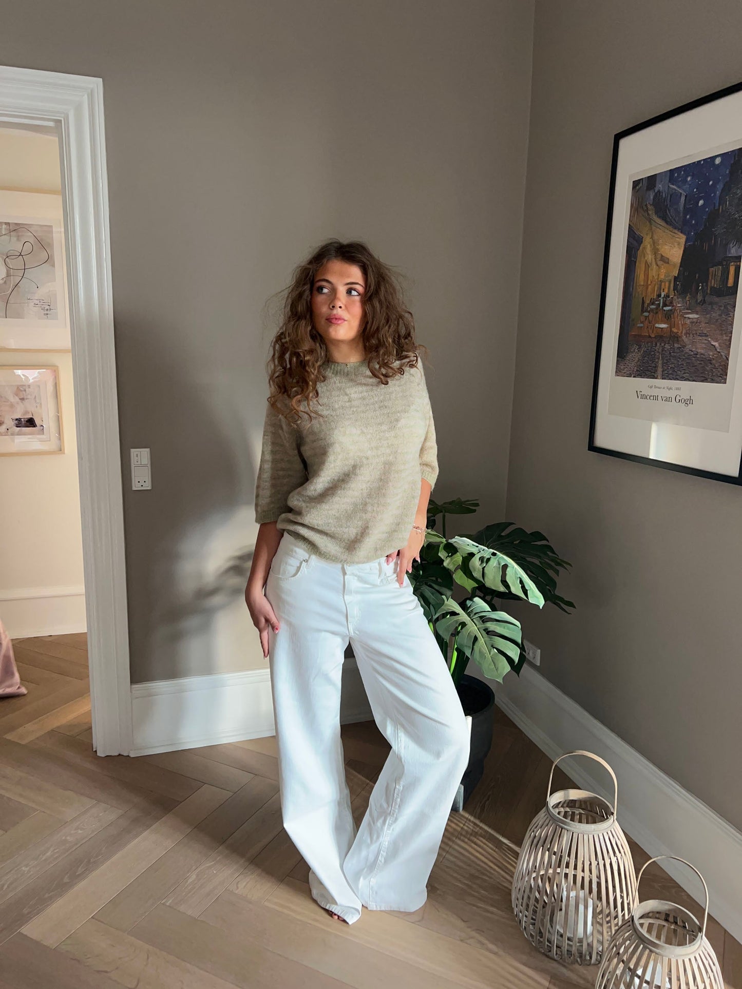 Almina knitted t-shirt with stripes - Green/beige