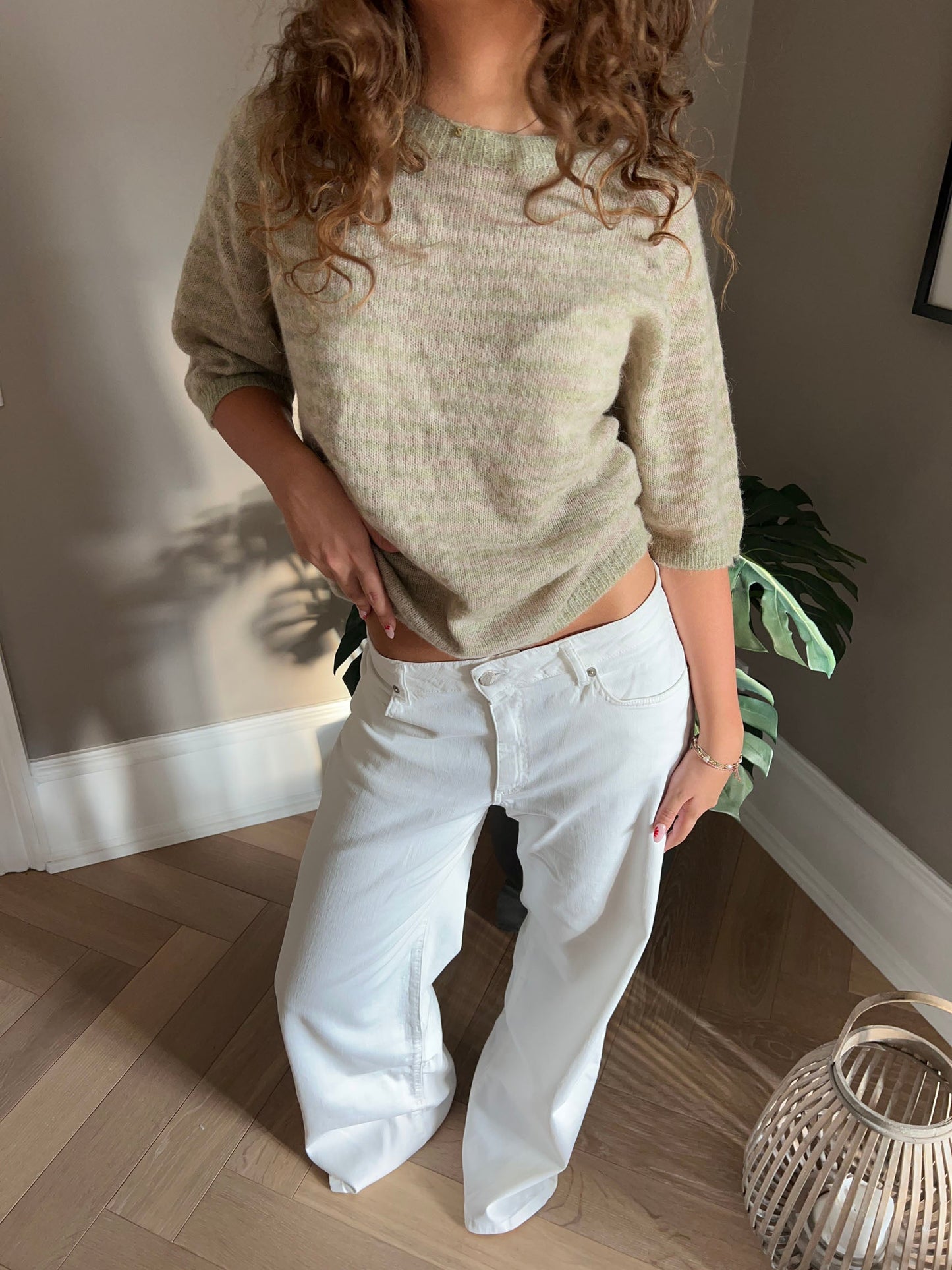 Almina knitted t-shirt with stripes - Green/beige