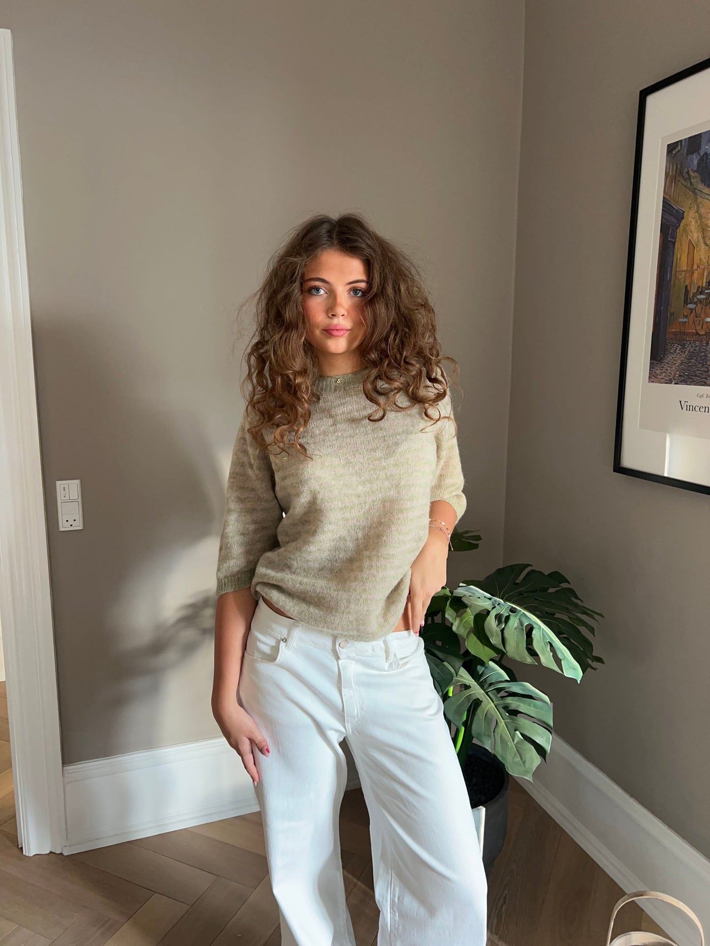 Almina knitted t-shirt with stripes - Green/beige