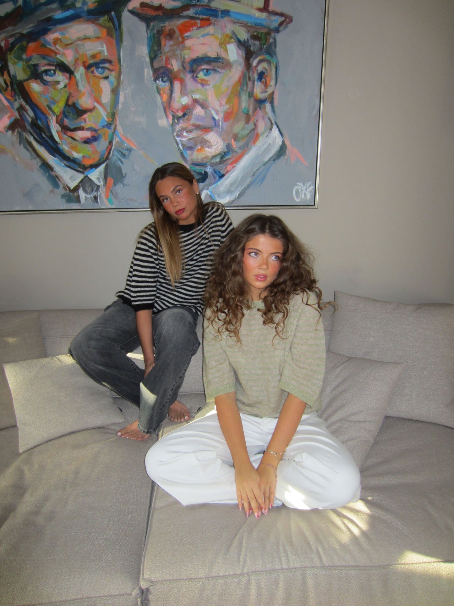 Almina knitted t-shirt with stripes - Green/beige